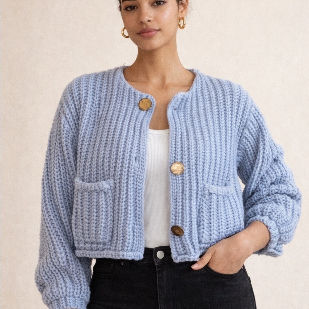 394. Chunky Cornflower Blue Knit Cardigan Sweater